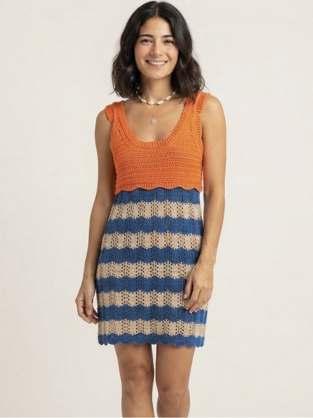 Zara Sz S Colorblock Crochet Blue Orange Mini Dress